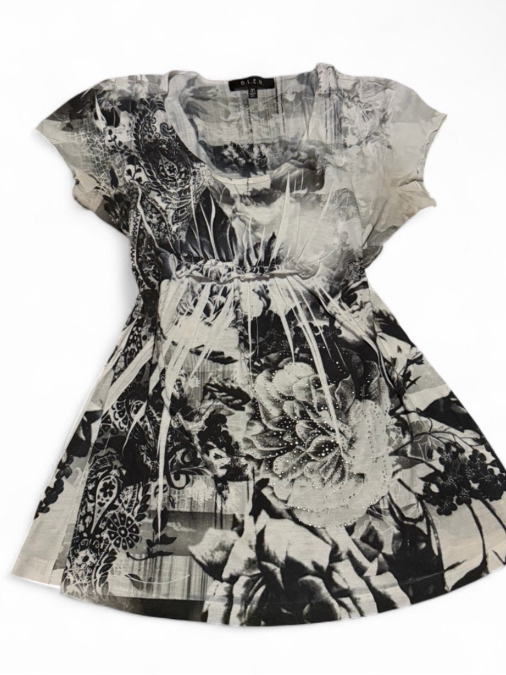Vintage BLEU Y2K Grungy Rhinestoned Floral Babydoll Top